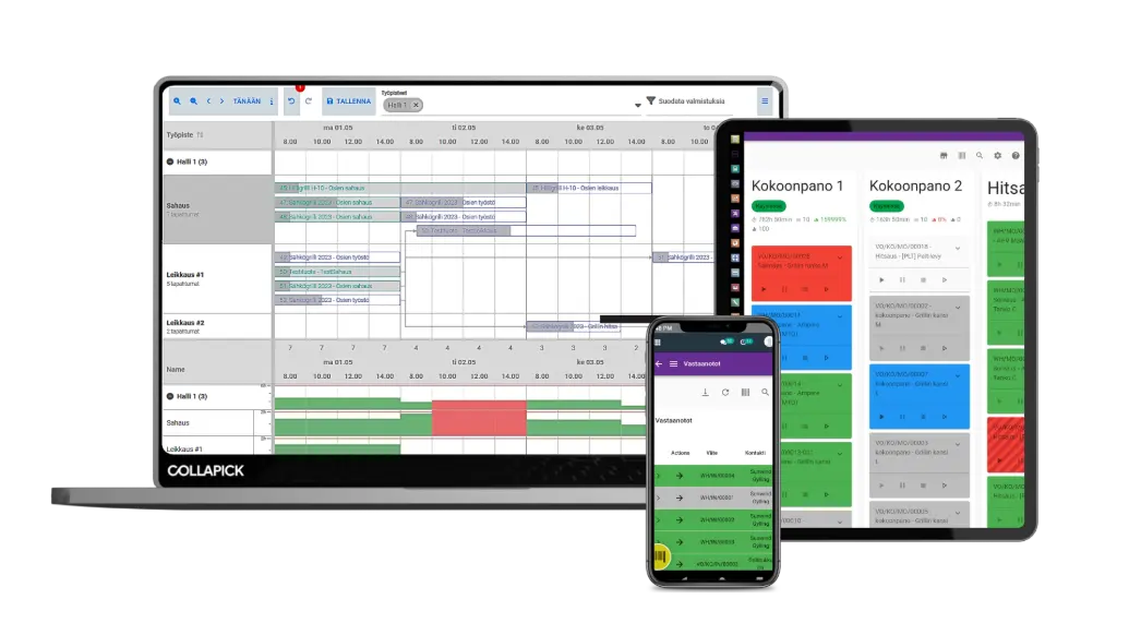 Läppäri, tabletti ja puhelin, joissa eri näkymät Collapick Tempo ERP-järjestelmästä