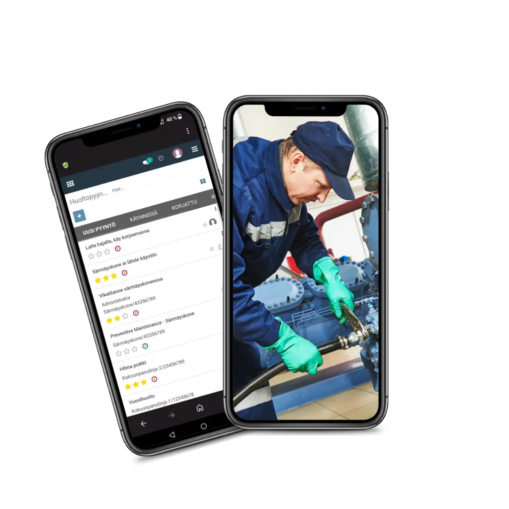 Kaksi puhelinta, toisessa kuva Collapick Tempo ERP Huoltopyynnöt-näkymästä, toisessa mies huoltotöissä