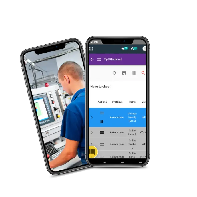 Kaksi puhelinta, joista toisessa tuotannon työntekijä ja toisessa Collapick Tempo ERP työtilaukset-näkymä