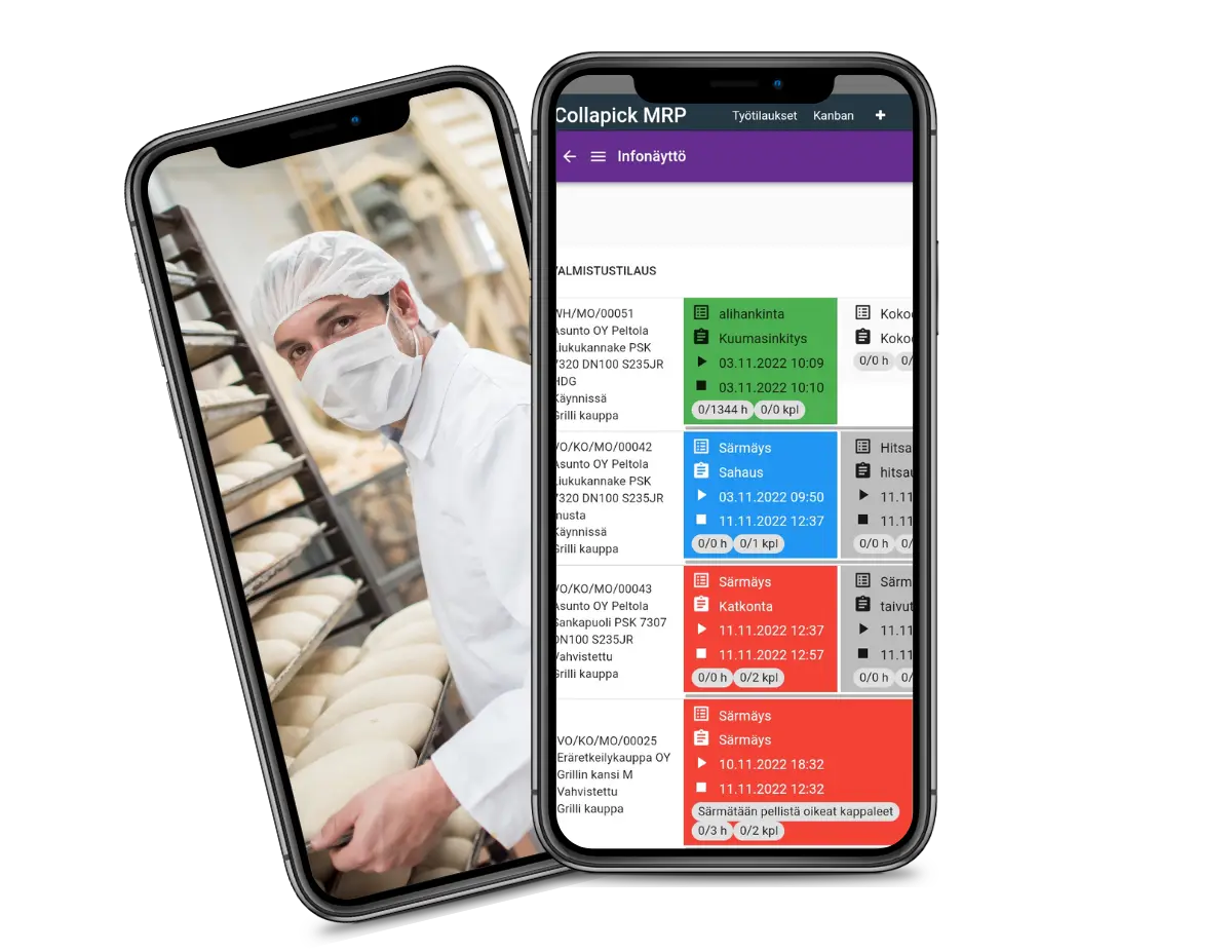 Kaksi kännykkää, toisessa leipuri, toisessa Collapick Tampo ERP Infonäyttö-näkymä