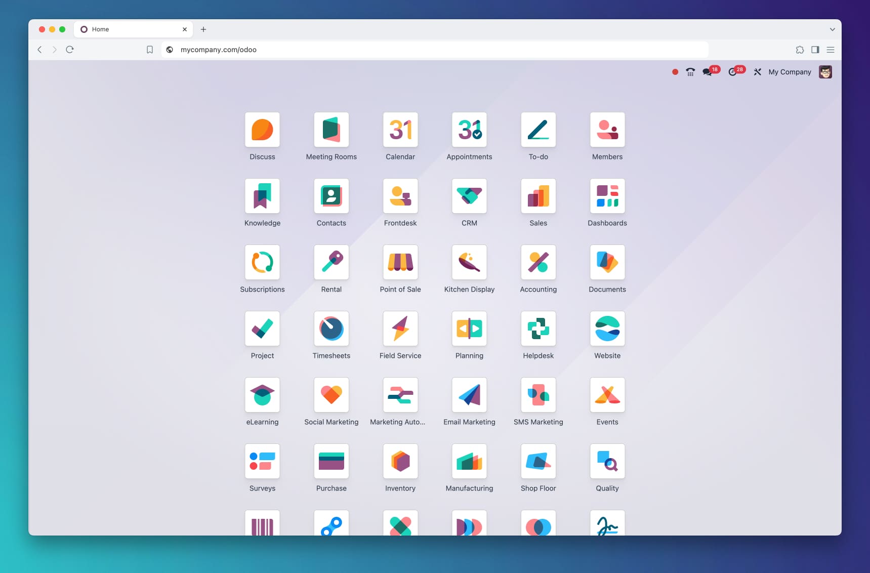Odoo ERP ja demosuosittelu Läppäri, jossa Odoo ERP-aloitusnäyttö moduulikuvakkeineen
